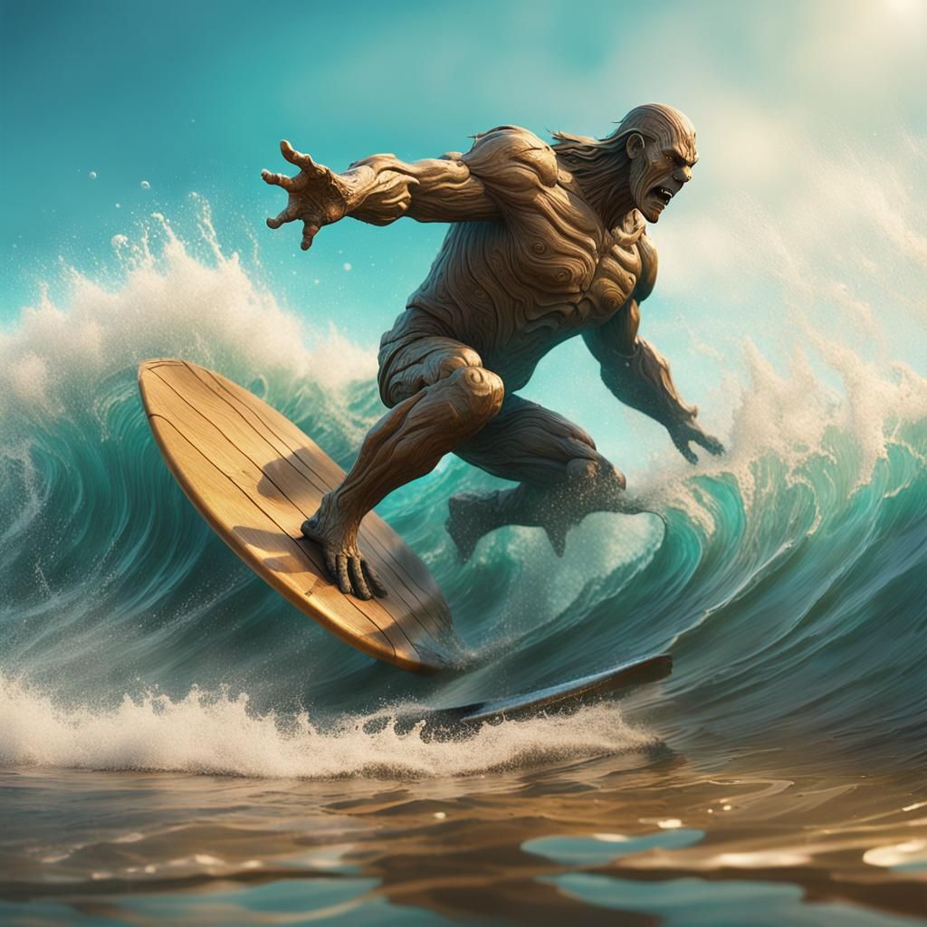 Wooden Golem Surfer Rides a Wave in Fantasy Art