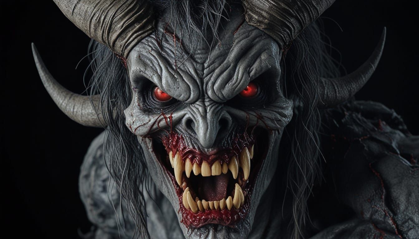 Demonic Entity with Twisted Horns and Bloody Fangs