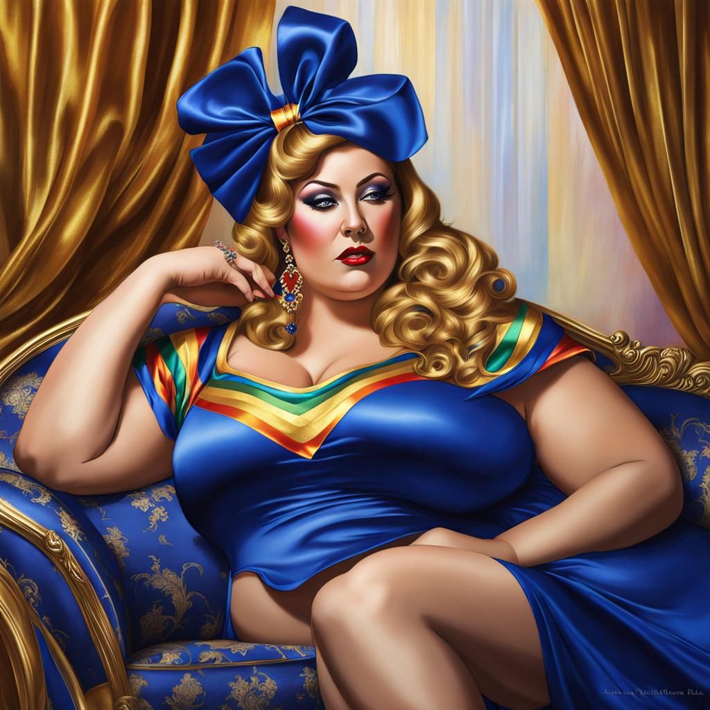 Realistic Artistic Sissy Satin Flamboyant Statuesque Glamorous Big Beautiful Woman BBW Woman relaxing supine on a Chaise...