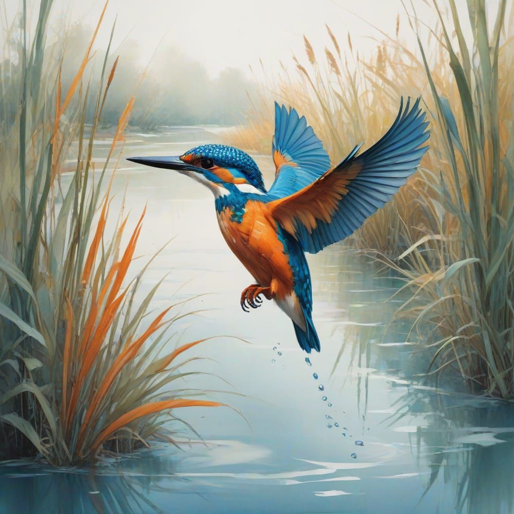 Whimsical Kingfisher Soars Above Serene River Landscape in D...