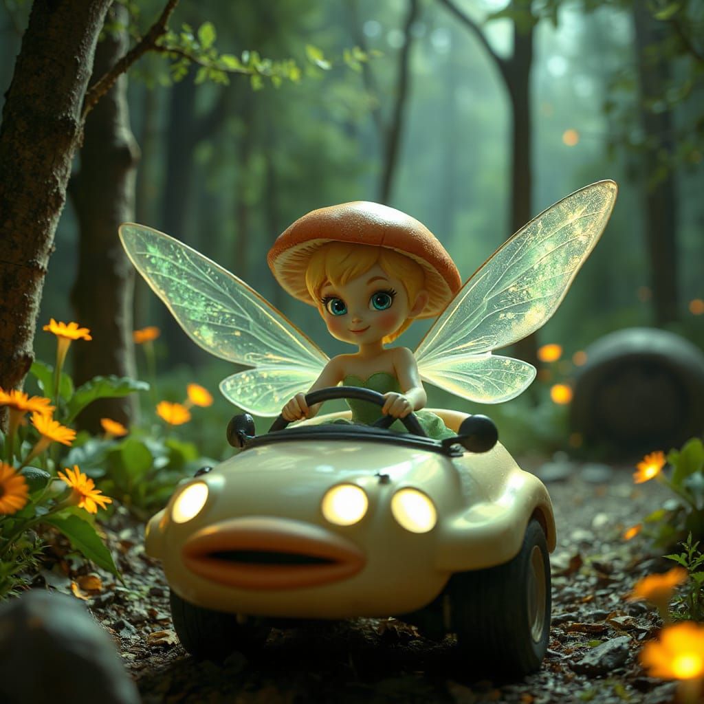 Fairy Drives Mushroom Car in Bioluminescent Forest
