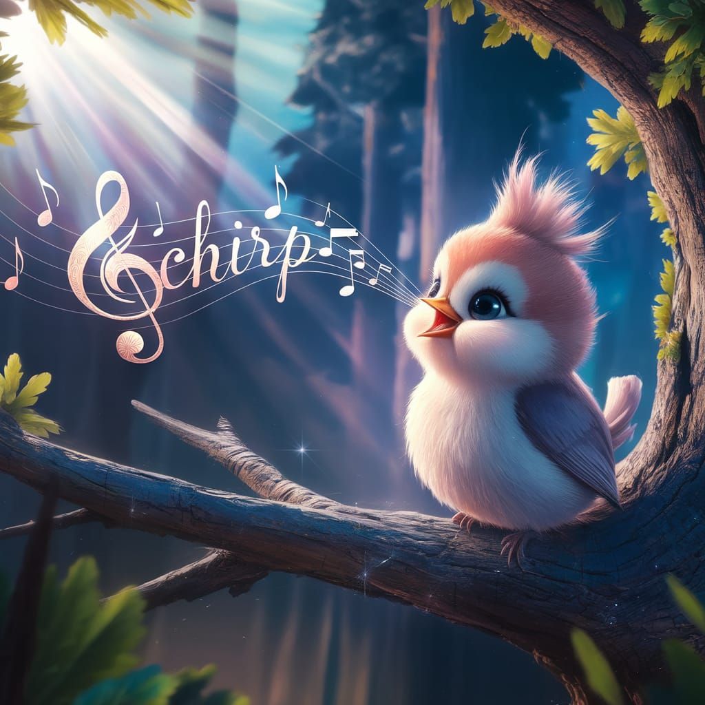Fluffy Bird Singing 'Chirp' in Forest Scene