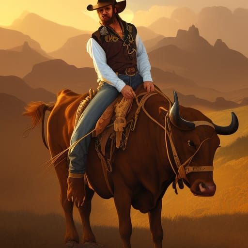 Cowboy Rides Cow at Sunset: Wild West Art