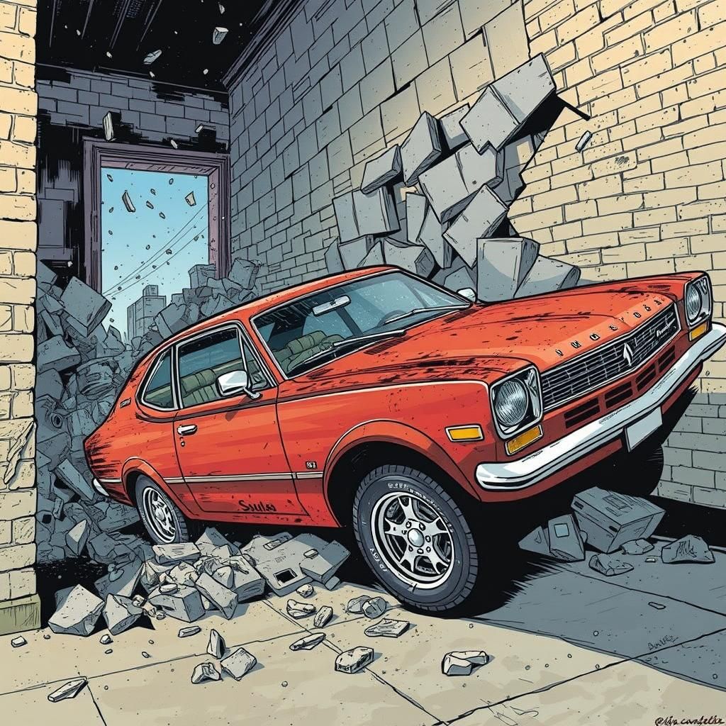 Car Smashes Through Stone Wall in Cyberpunk Cityscape