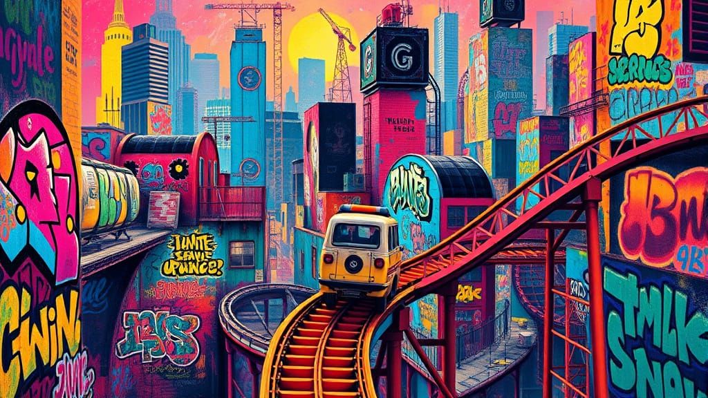 Epic 3D Roller Coaster in Vibrant, Psychedelic Graffiti City...