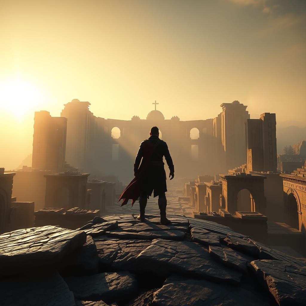 Epic Hero Emerges from Ancient Ruins at Sunset