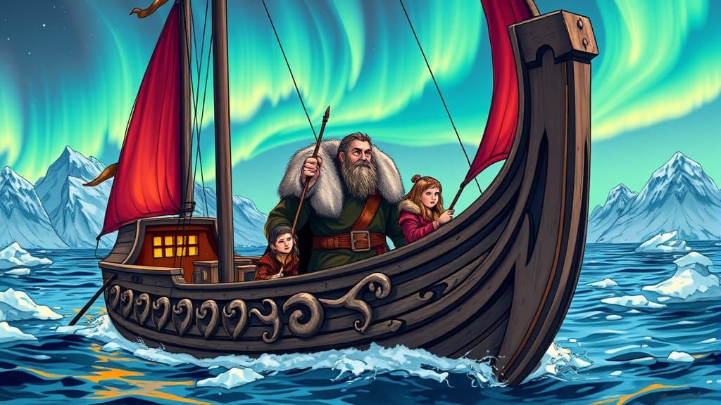 Viking Family Sailing Under the Aurora Borealis