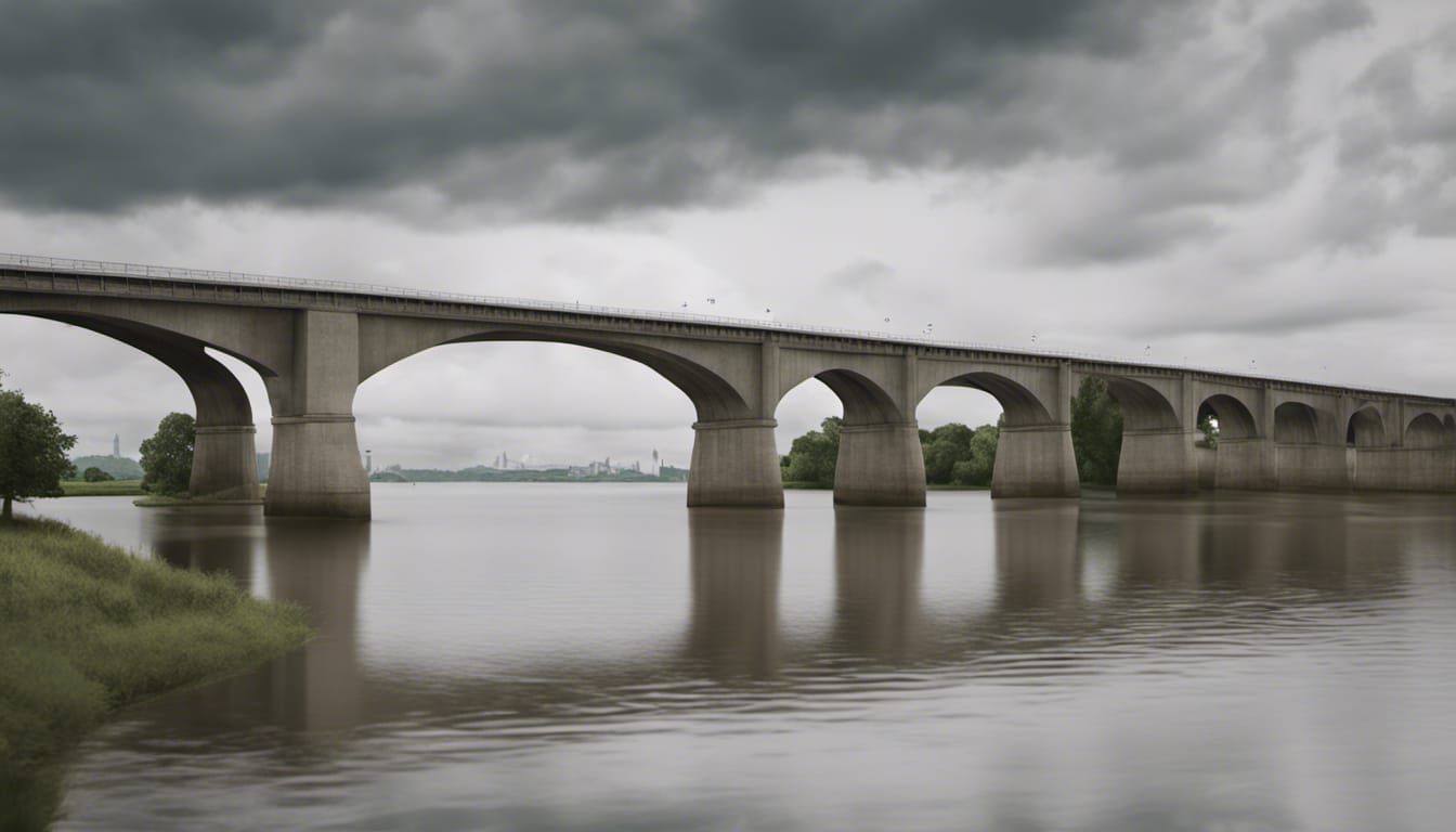 Orwell Bridge, bohemian village, photorealistic and detailed, 8k quality, National Geographic photo, overcast weather, m...