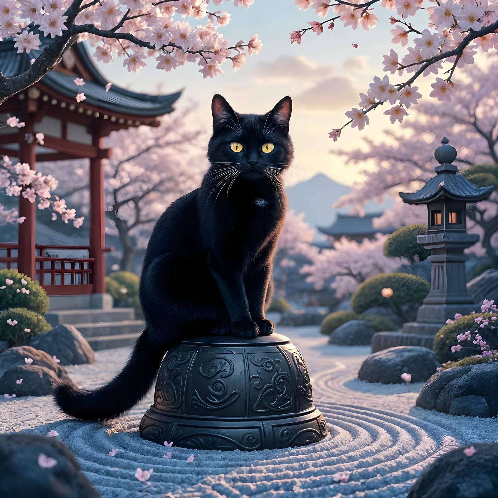 Black Cat on Japanese Bell at Twilight in Fantasy Art Style