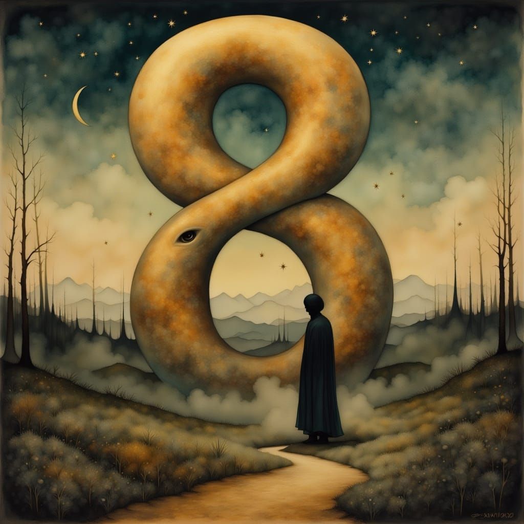 <lora:Liquid Ink Flux:1.0> Number 8 as sausage of sins 
The Number 8 by Rene Magritte and Andrei Rublev