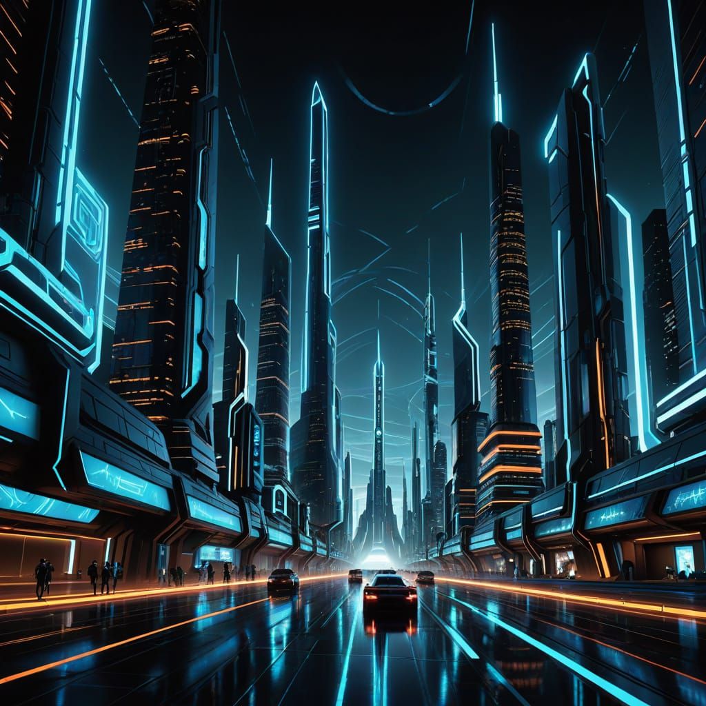 Neon Cityscape with Digital Obelisk in Cyberpunk Style