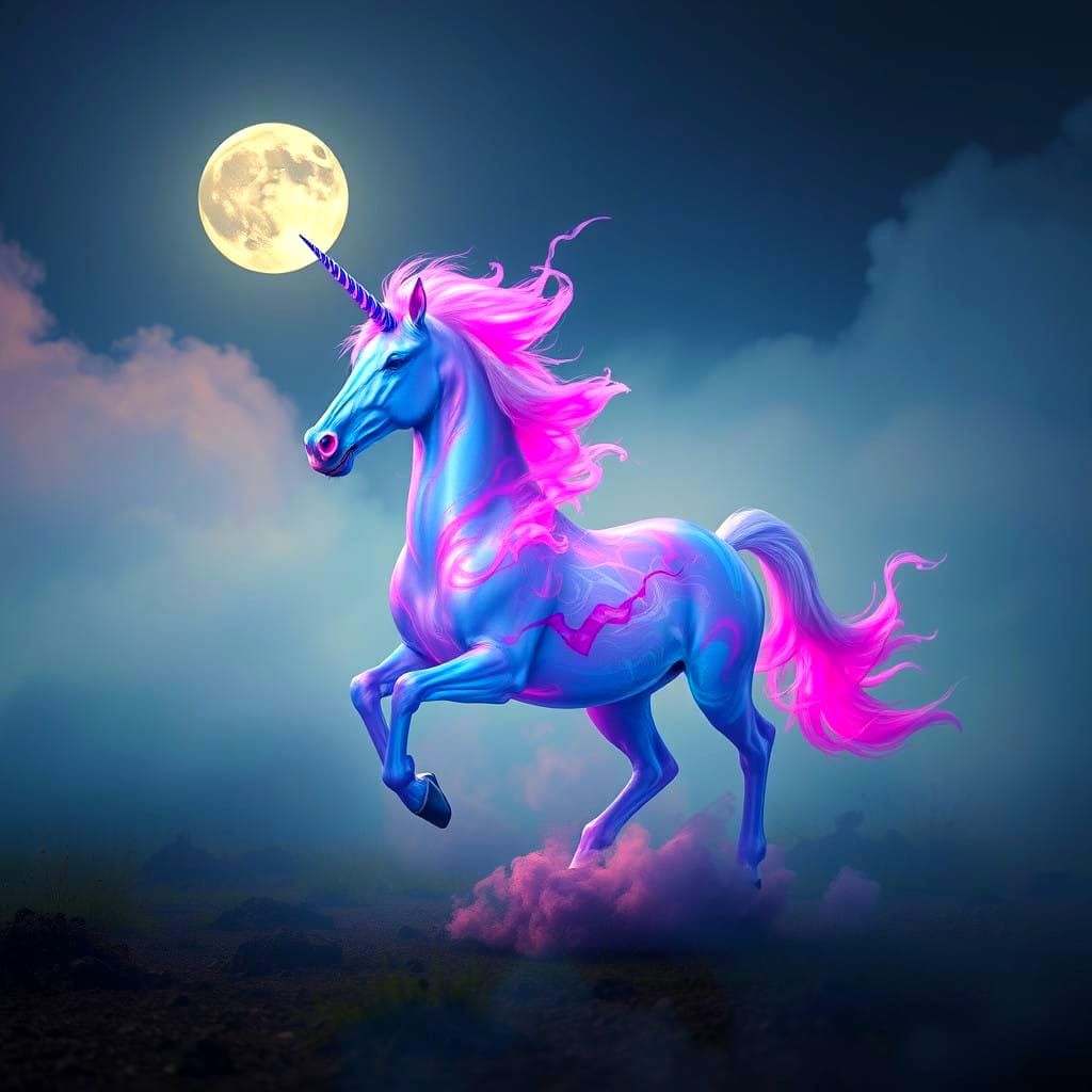 Mythical Unicorn Rides Colored Smoke Under Full Moon