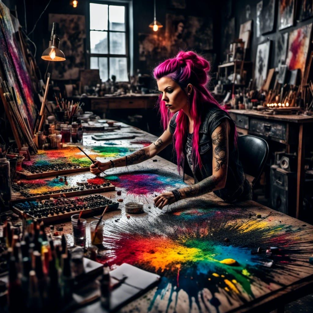 Artist Creating Splatter Art Portrait in Studio