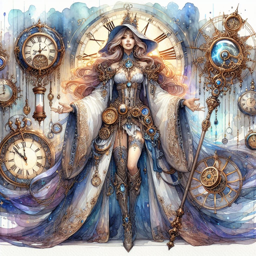 Hispanic Chronomancer in Watercolor Fantasy Art