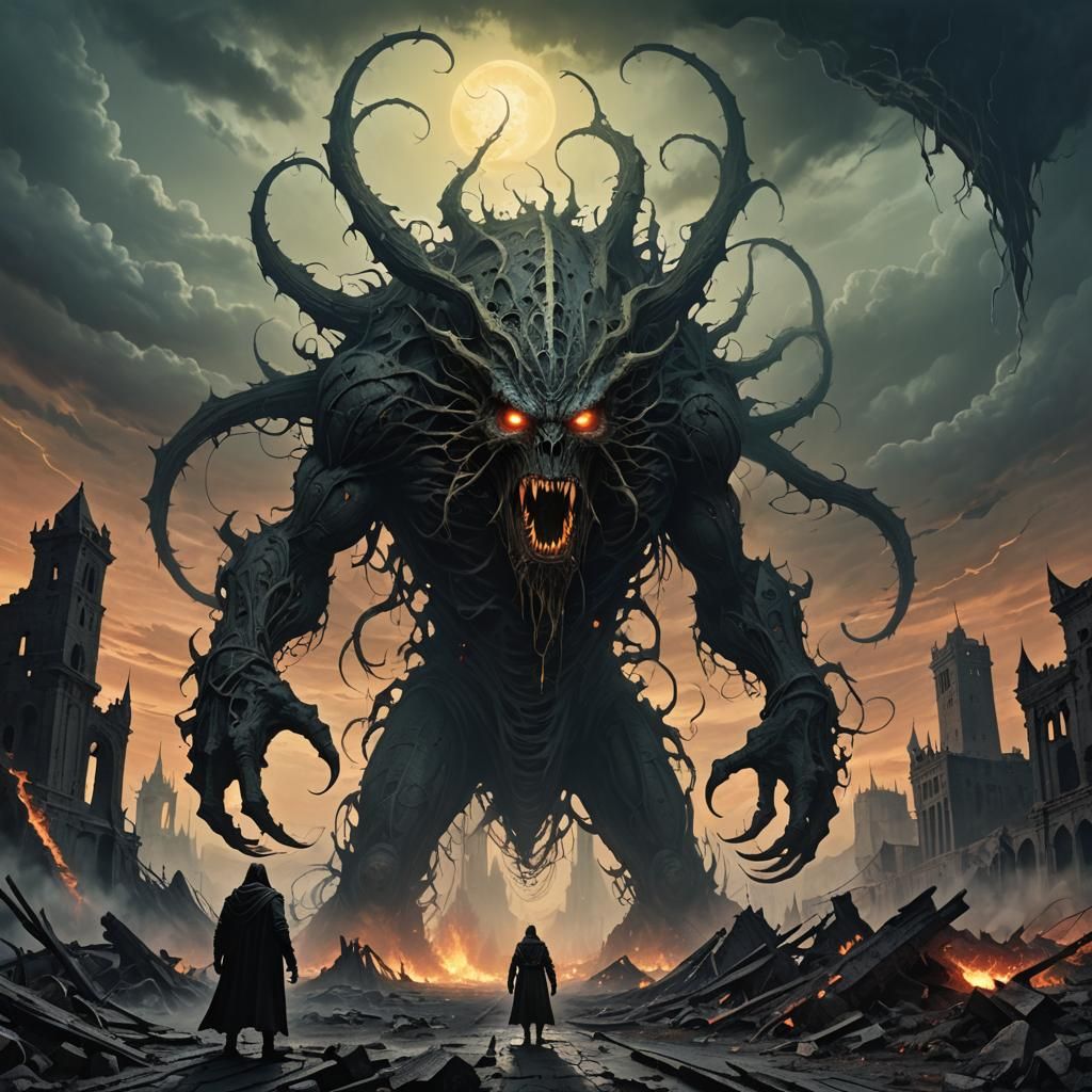Macabre Creature Ravages City in Dark Fantasy Artwork