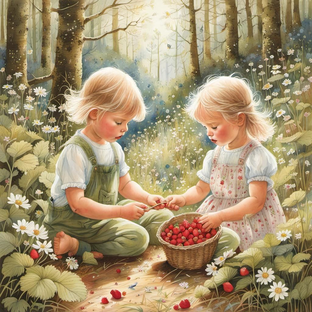 Toddler Siblings Picking Strawberries in Sunlit Forest