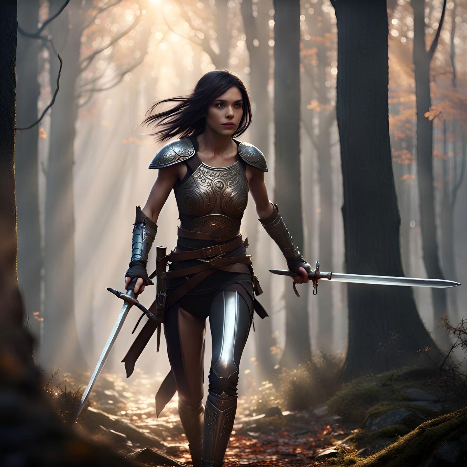 Teenage Girl Warrior in Misty Forest, Detailed Matte Paintin...