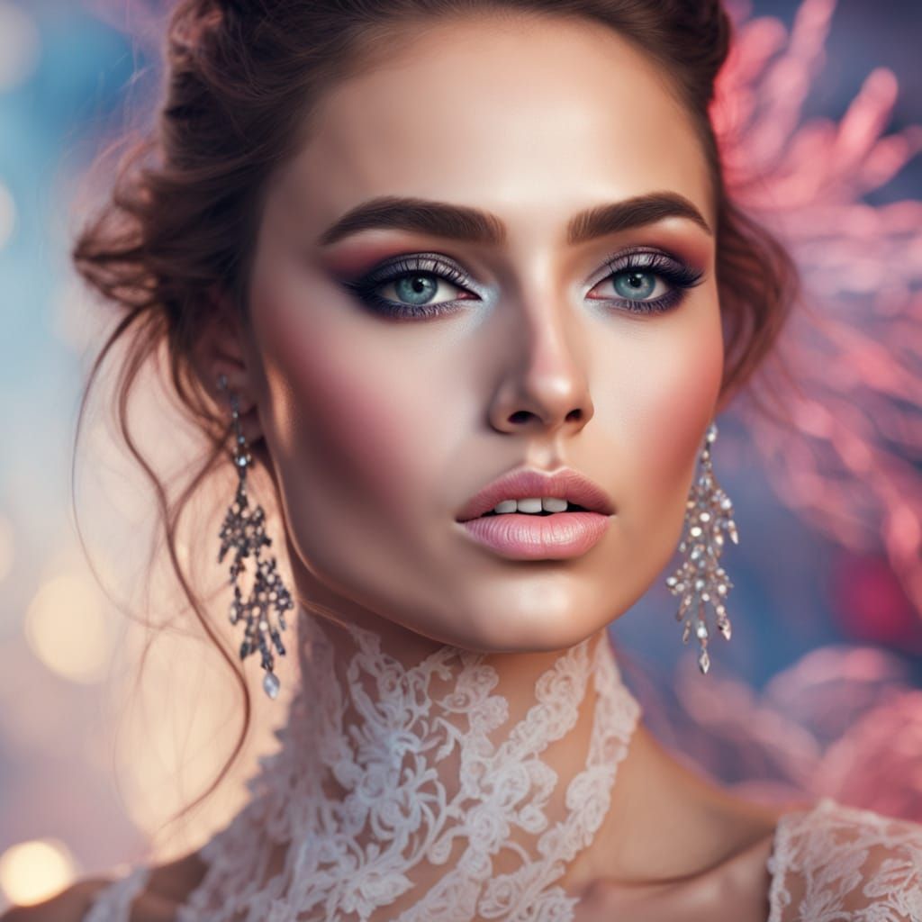 woman - dressed in a lacy transparent gown on her way to a fashion show,
Beautiful and adorable face,
Very deep look,
Ph...