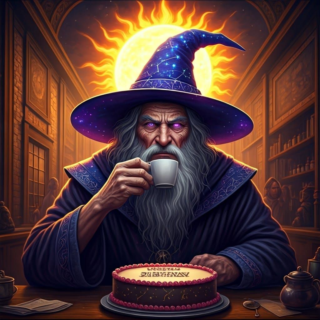Majestic Black Cat Watches Over Wise Wizard in Medieval Coff...