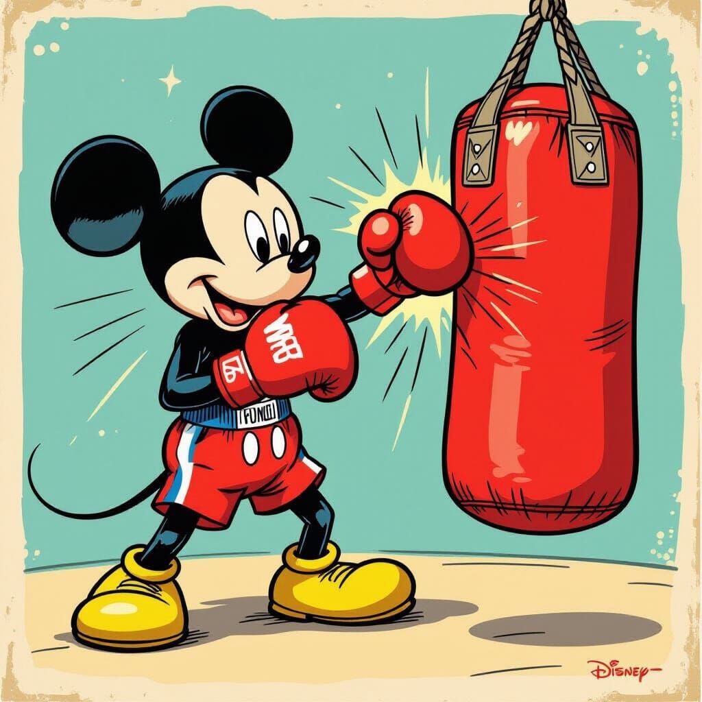 Mickey Mouse Training as Boxer in Vintage Style