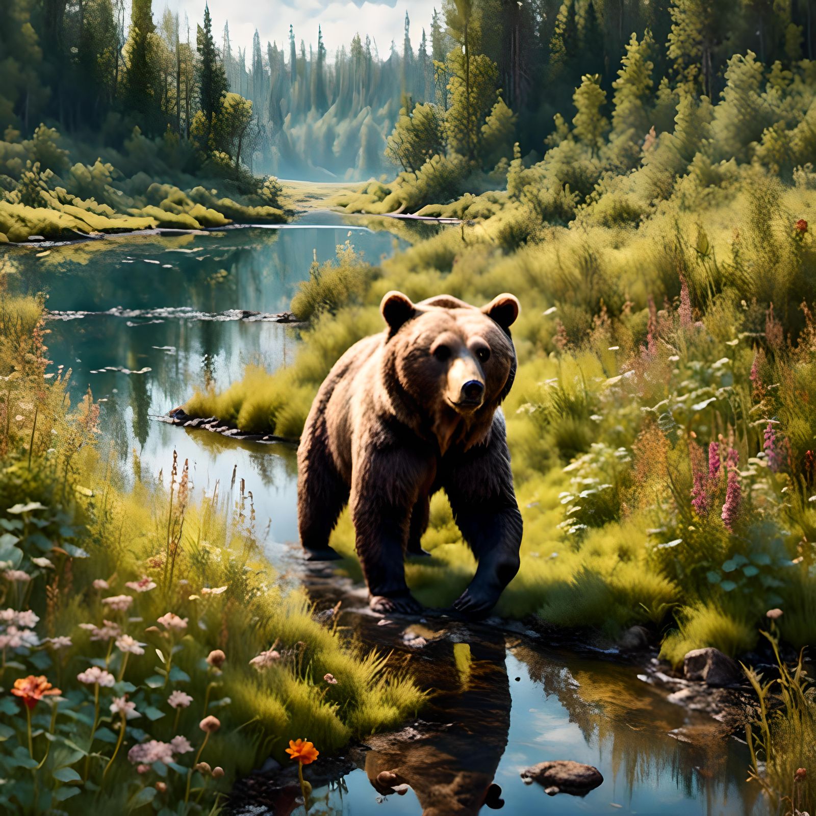Psychedelic Bear in Overgrown Landscape