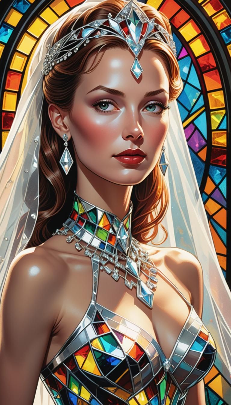 Bride in Futuristic Stained Glass Dress, Comic Art