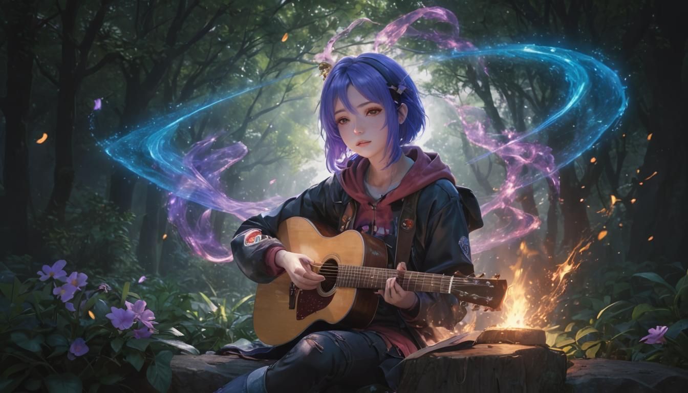 Cute Violet-Haired Girl Plays Guitar: 3D Anime Art