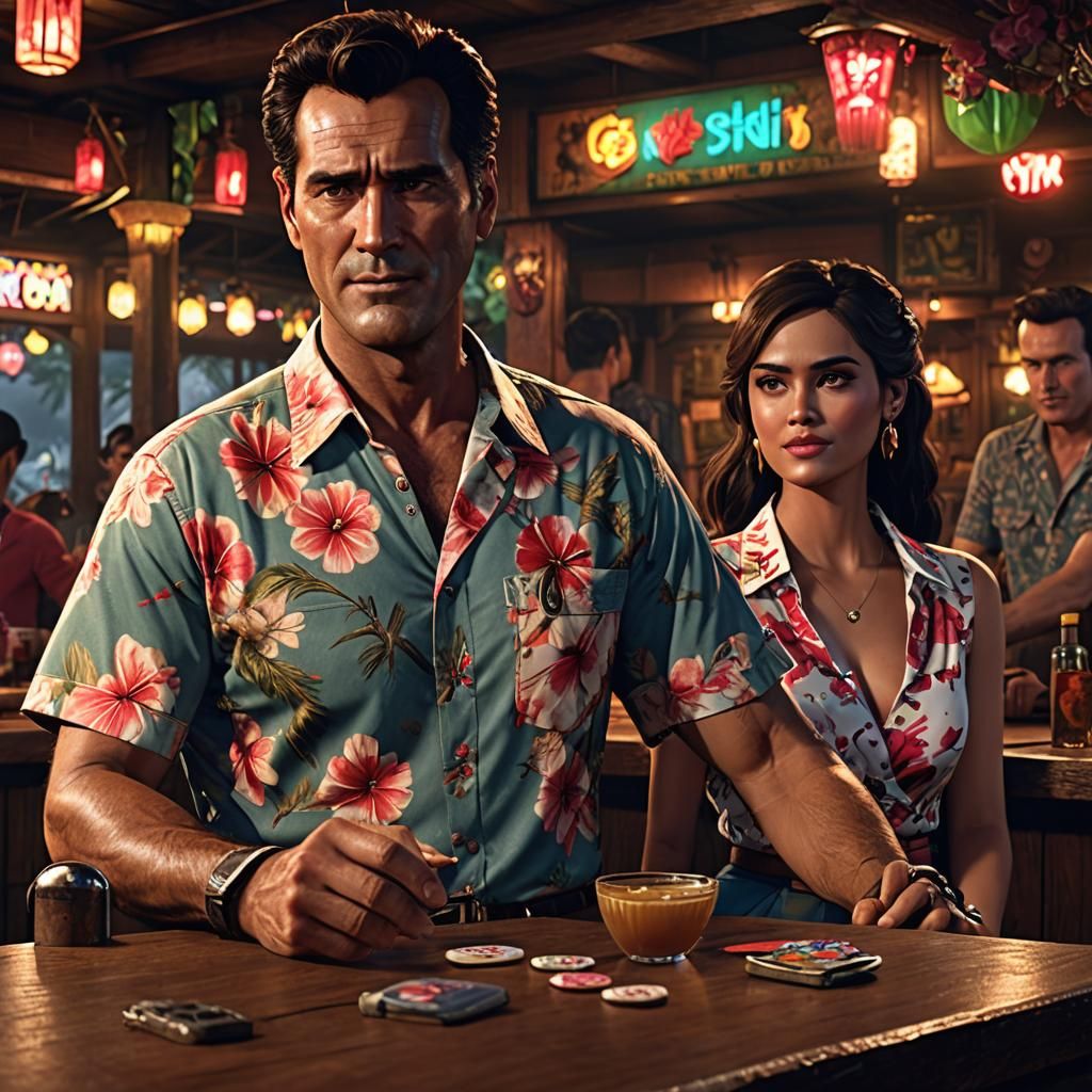 Ash Williams at Tiki Bar in 3D Game Style