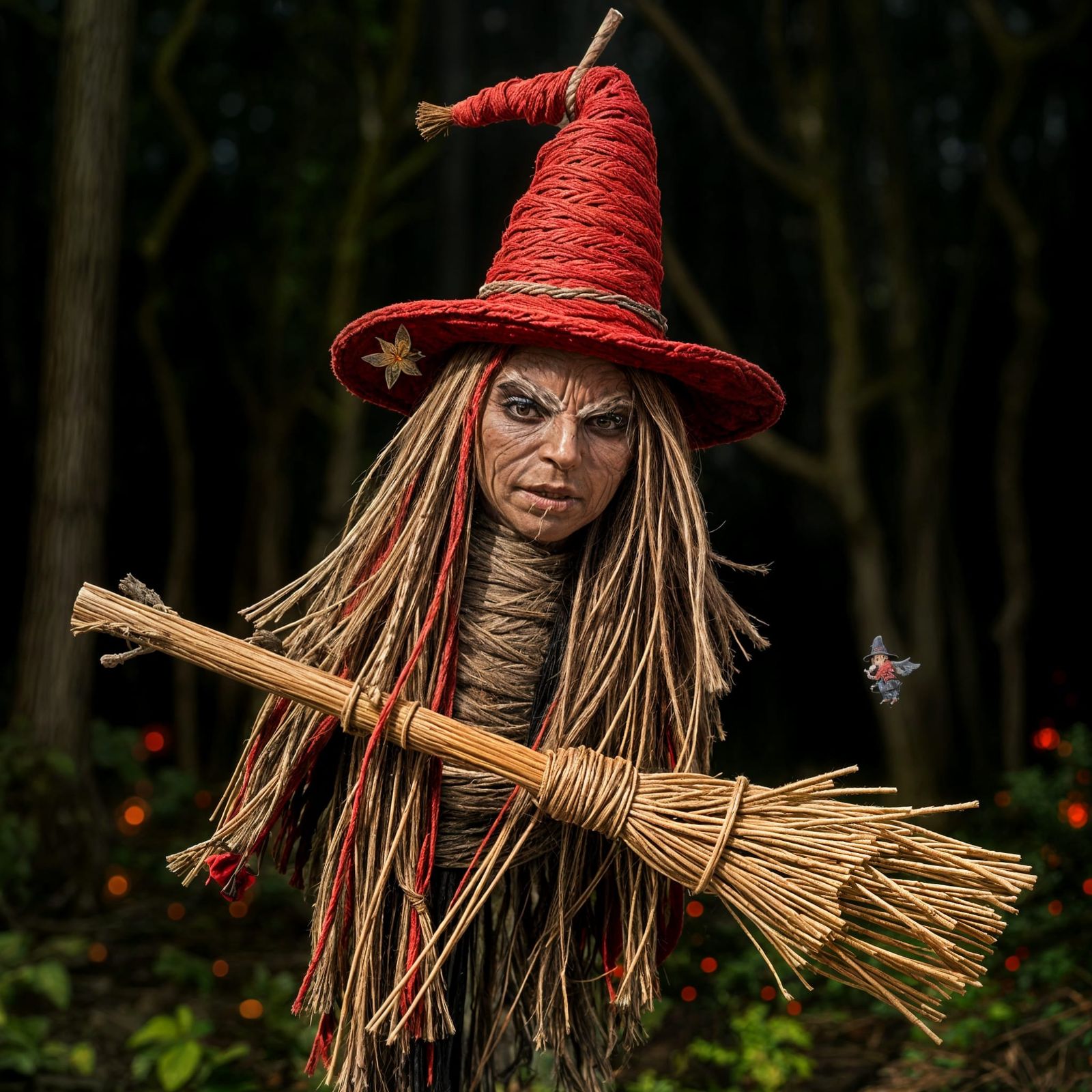 String Witch Flying Through Haunted Night Forest