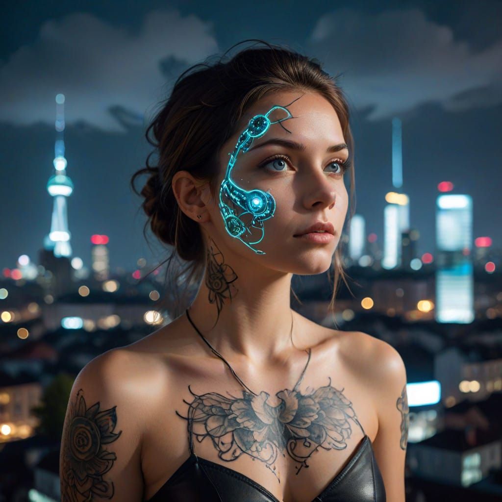 Surreal Cityscape of Technology and Humanity in Cyberpunk St...