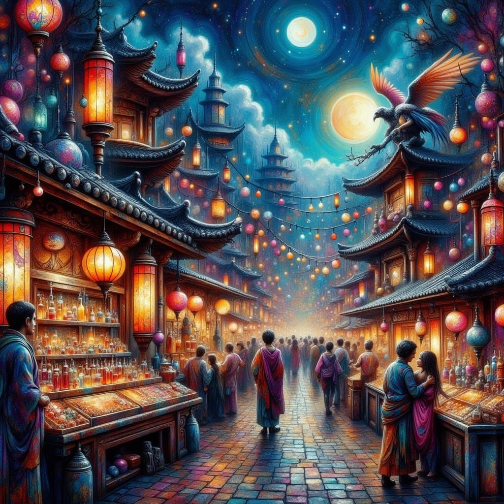 Magical City Night Market with Enchanted Lanterns