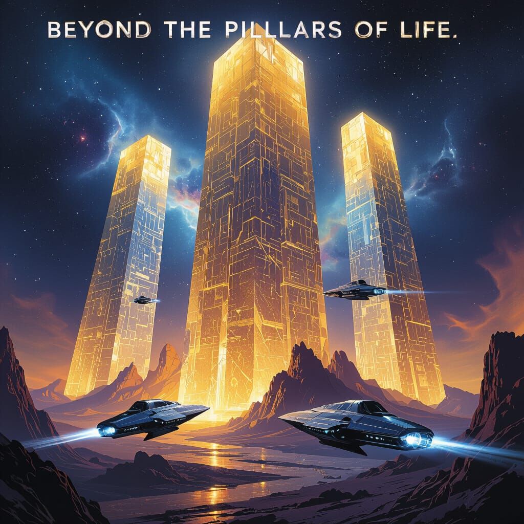 Sci-Fi Book Cover: Alien Pillars & Starships in Nebula
