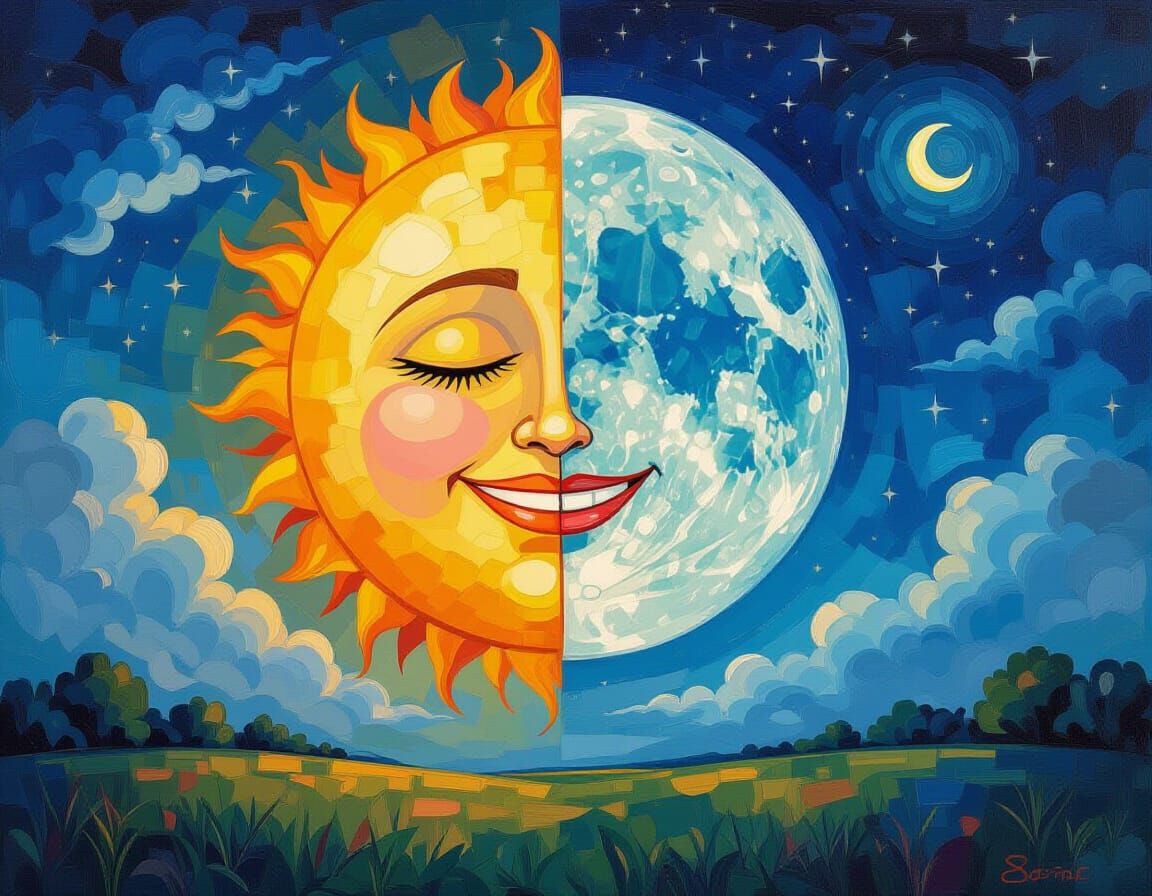 Blazing Sun and Moon Fantasy Art in Pointillism Style