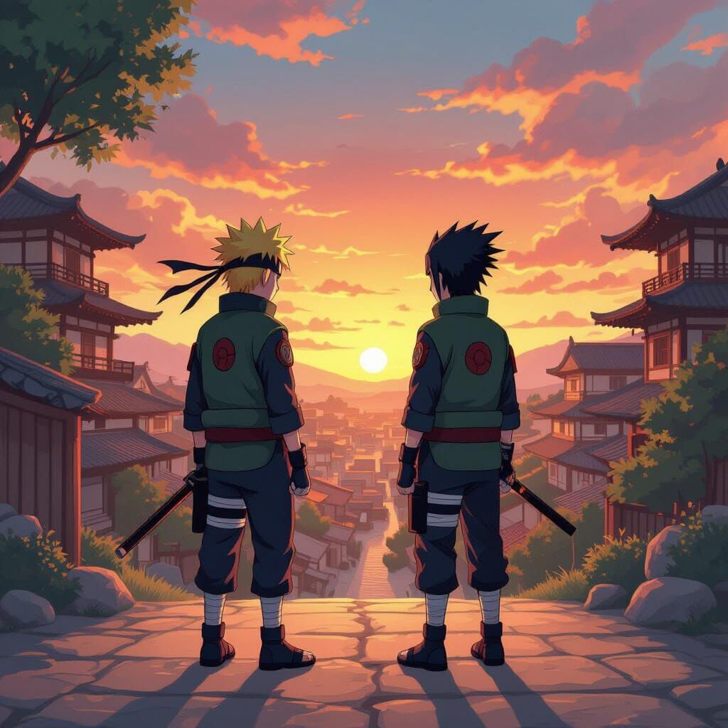 Naruto and Shikamaru in Konoha at Sunset