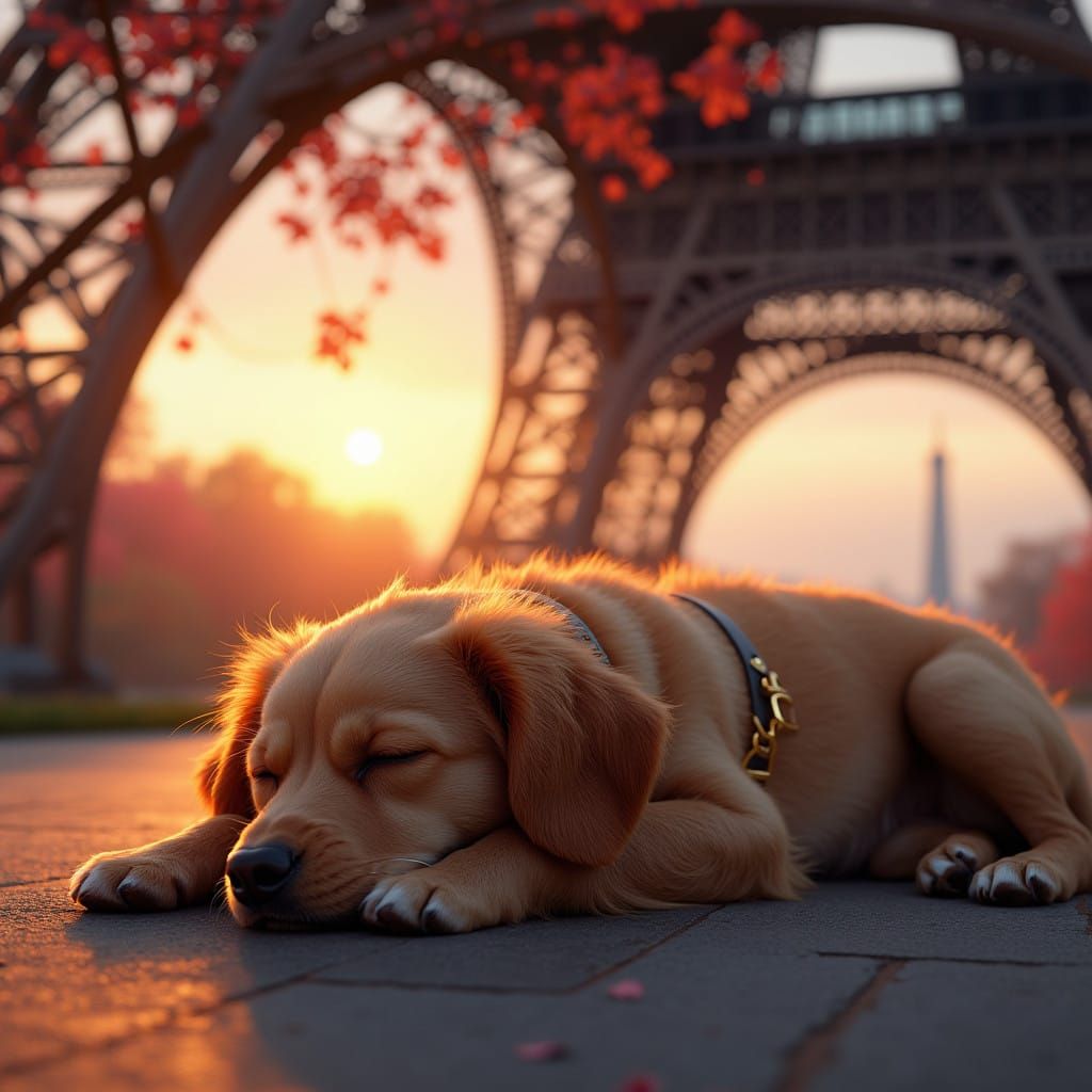 Serene Dog Under Eiffel Tower at Sunrise