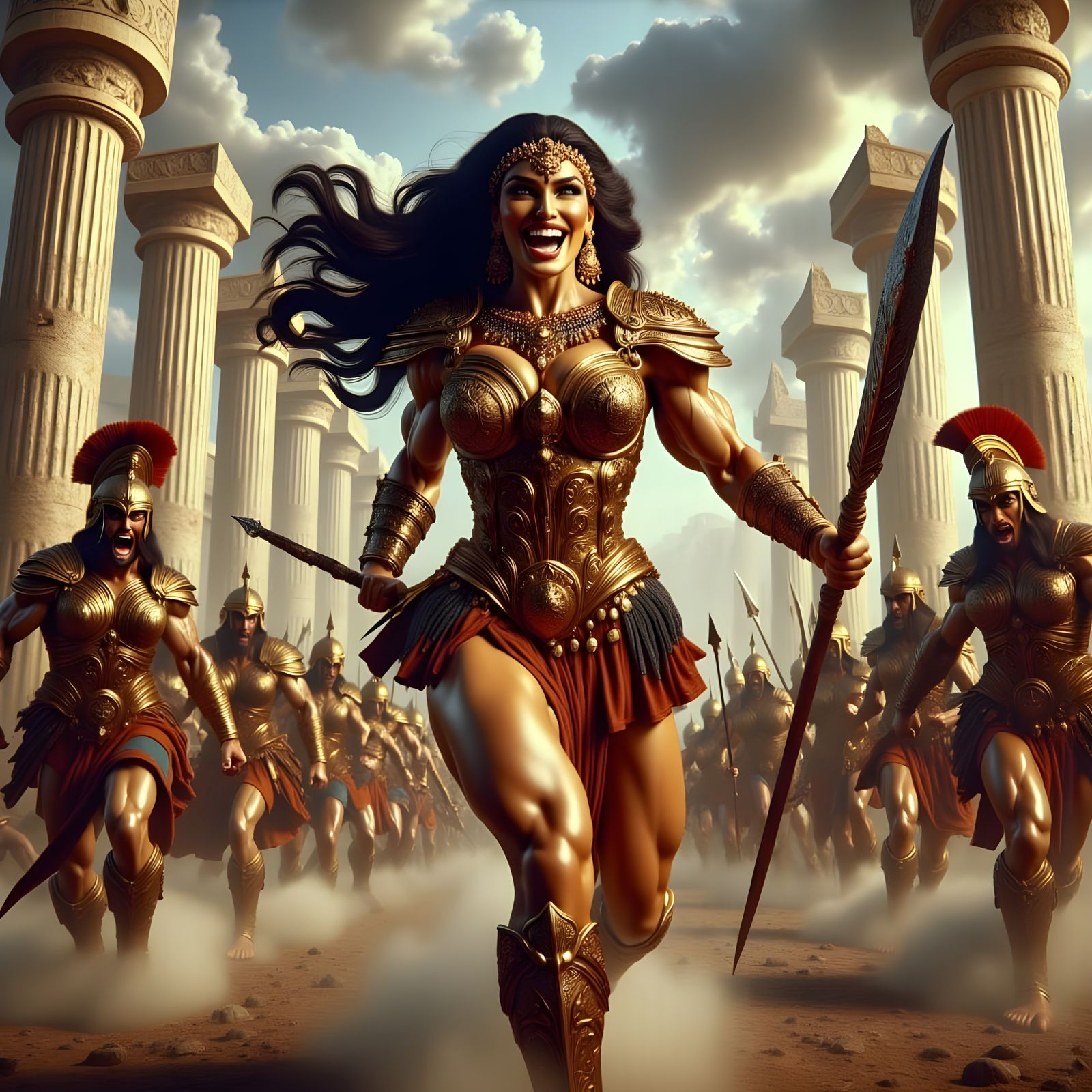 Epic Amazonian Warrior Battles Spartan Men in Ancient City