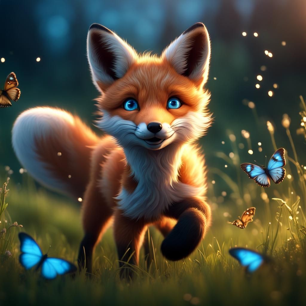 Fox Pup with Glowing Eyes in Snowy Meadow