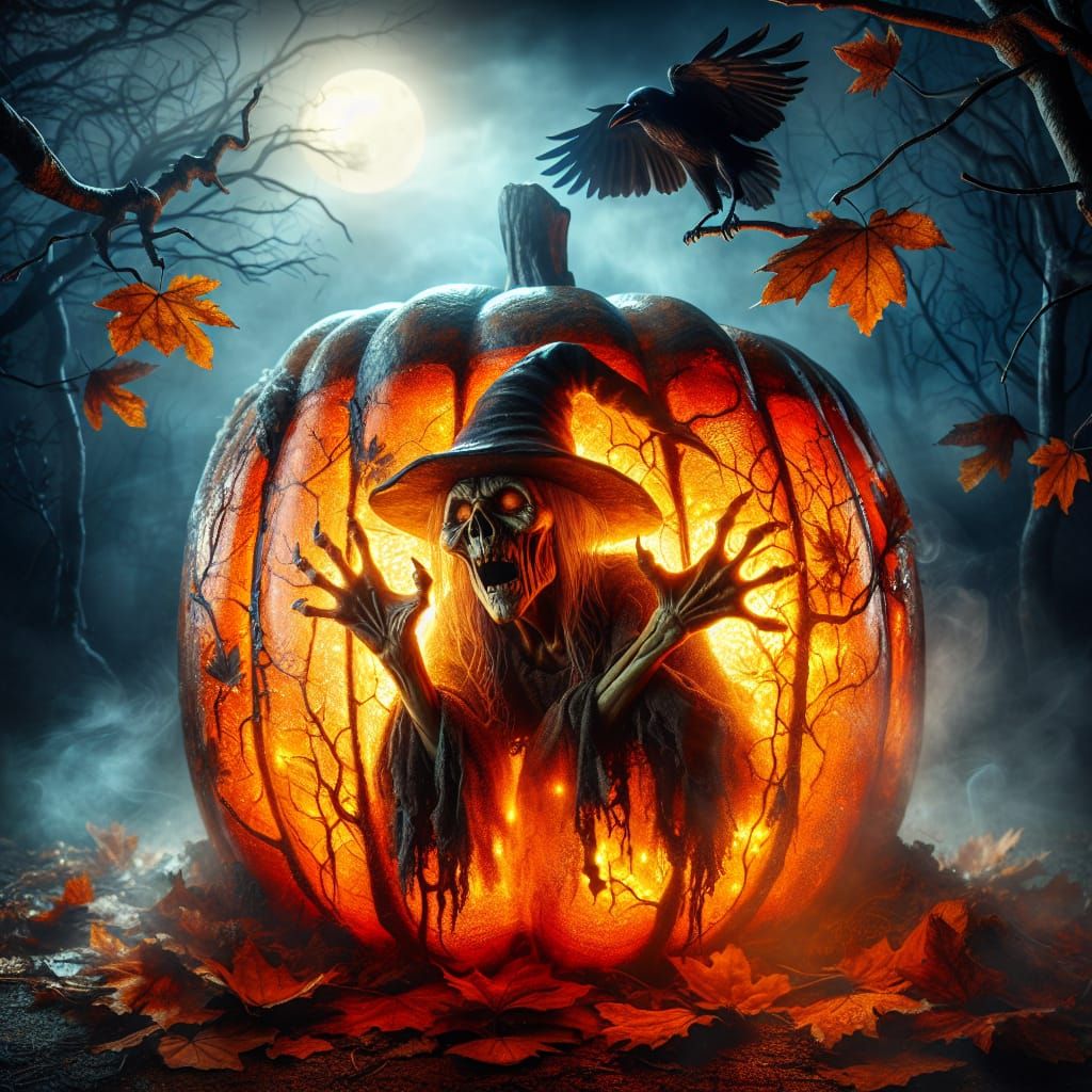 Glass Pumpkin Imprisons Furious Witch in Autumn Forest