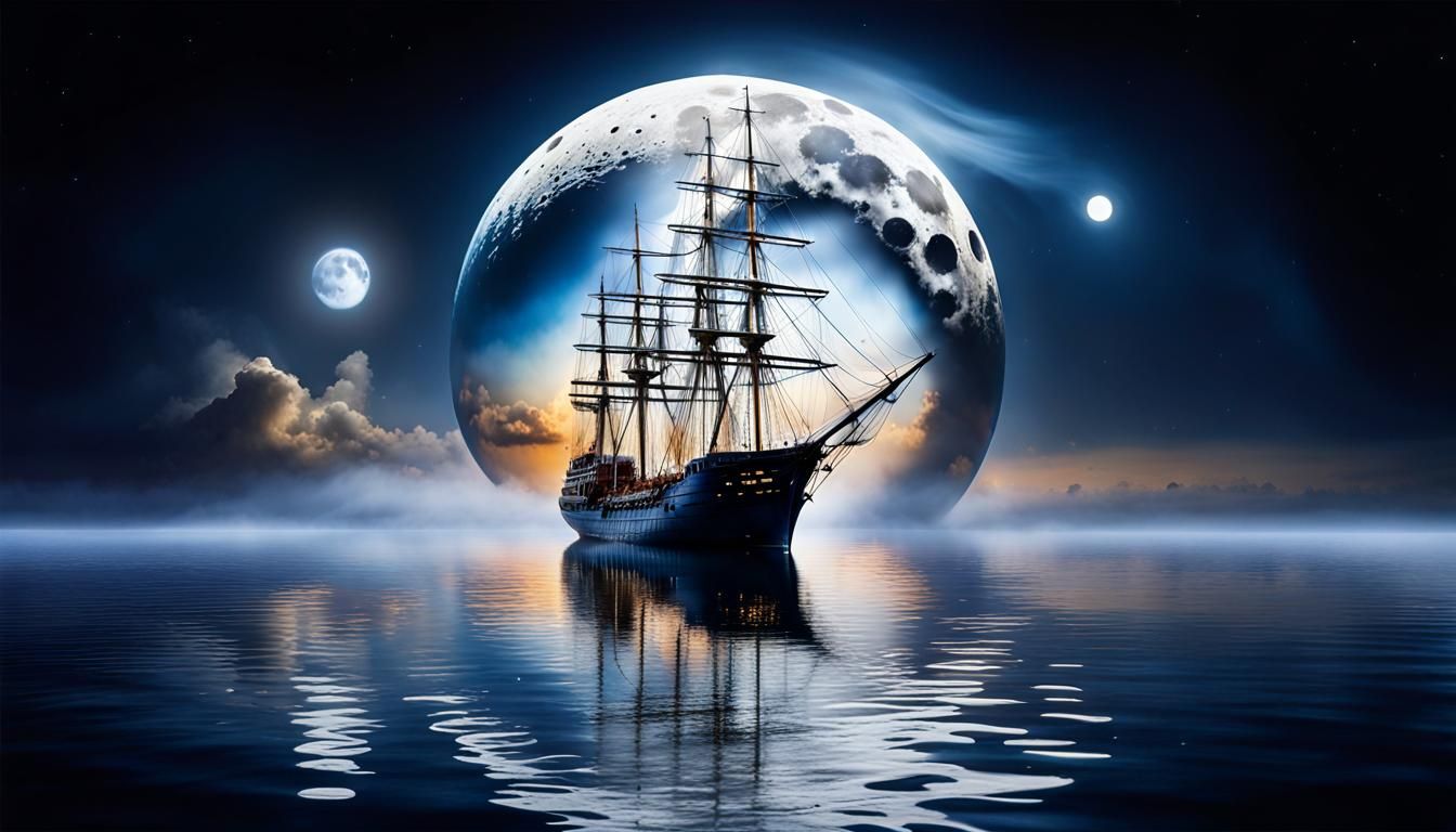 Ethereal Ghost Ship Sailing to the Moon