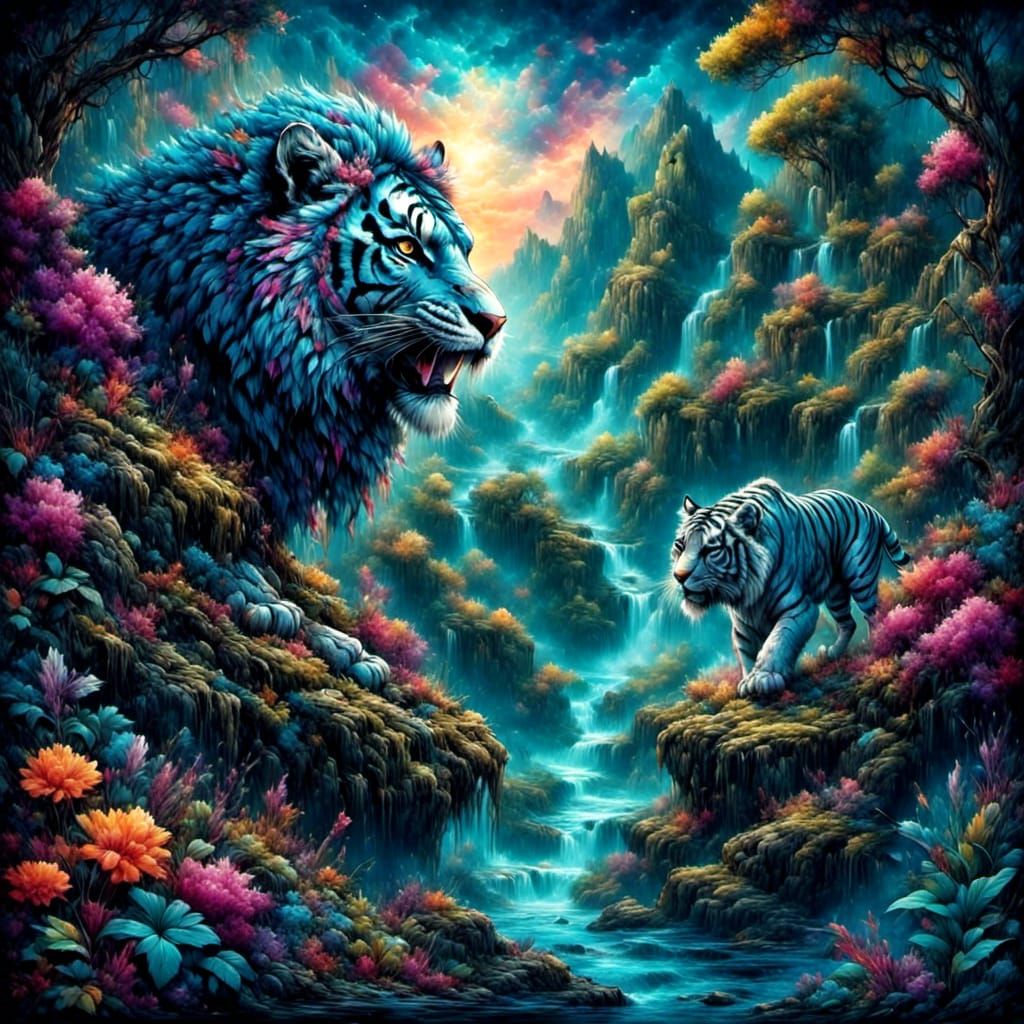 Blue Tiger Prowls Through Fantasy Jungle