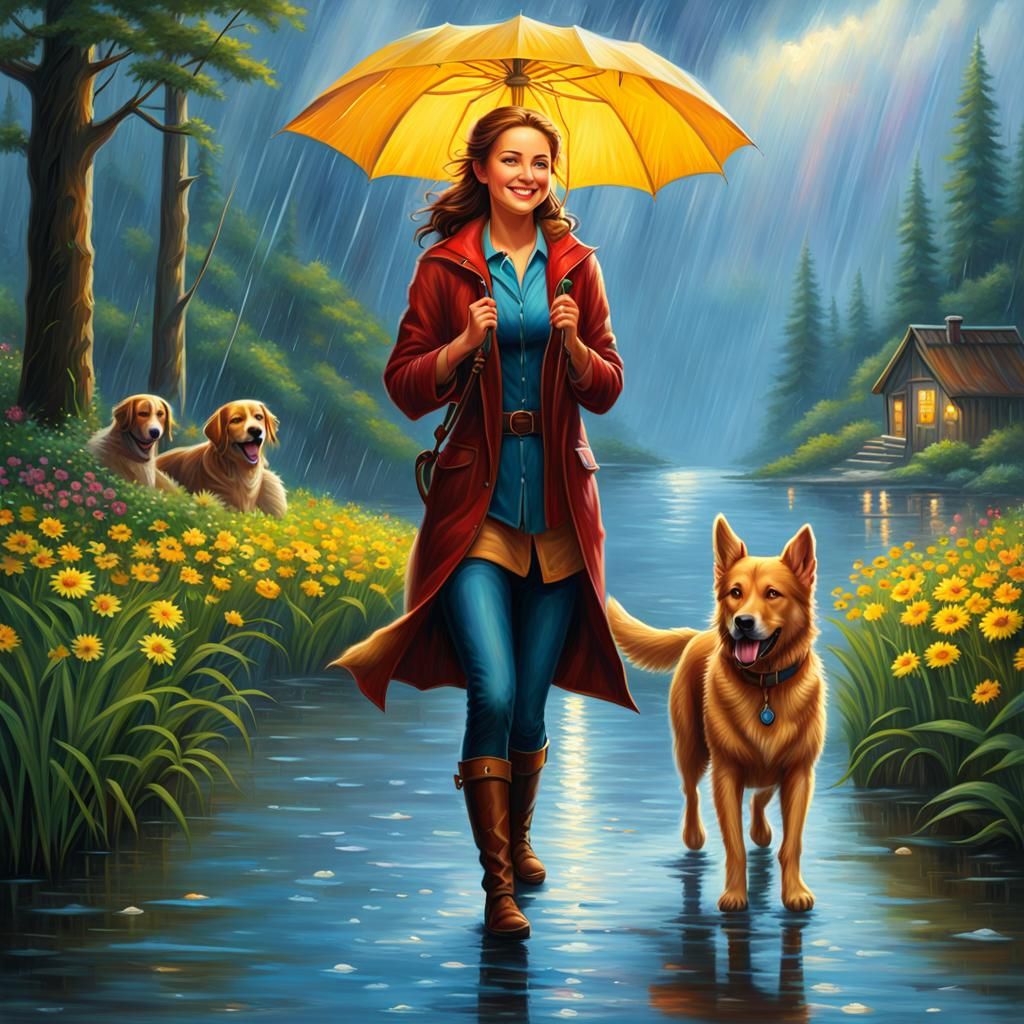 Woman Walking Dog in Rain: Digital Comic Art