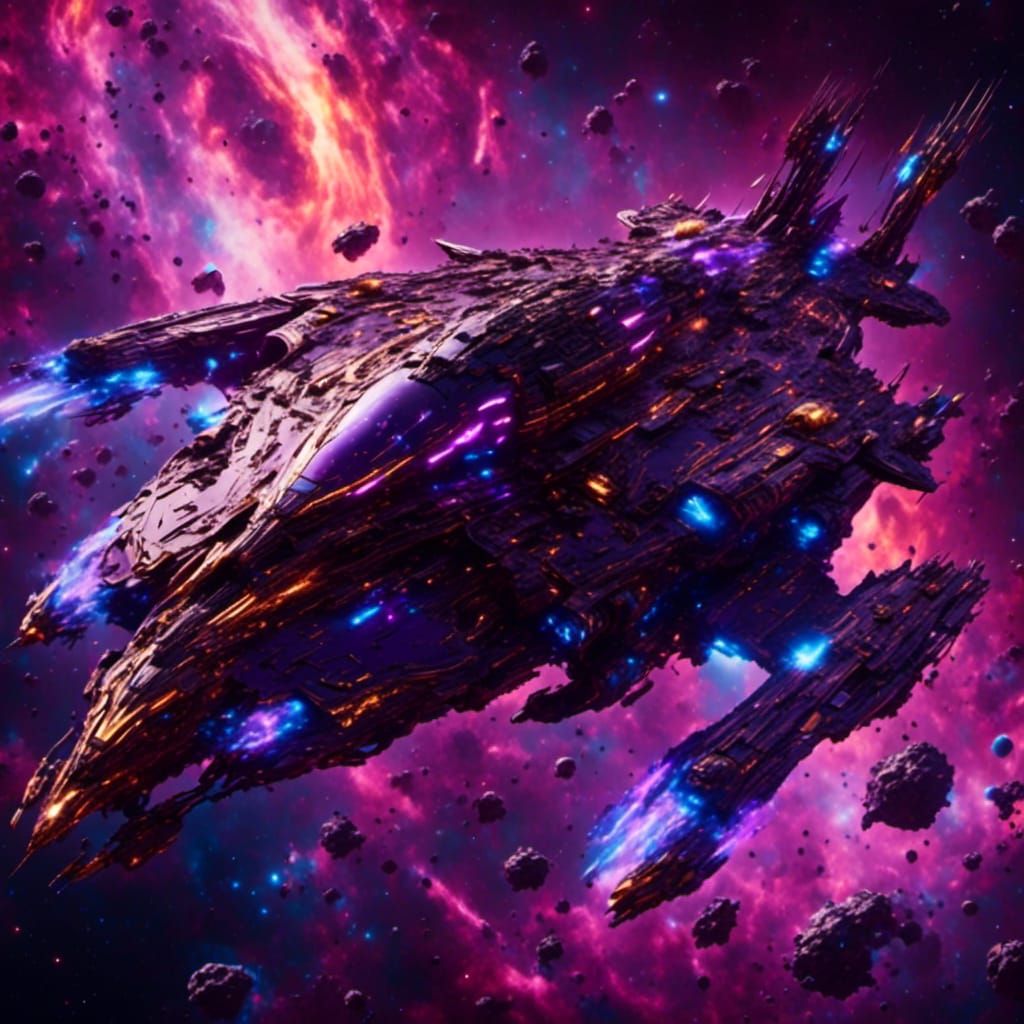 Sci-Fi Spaceship Journey Through Purple Galaxy