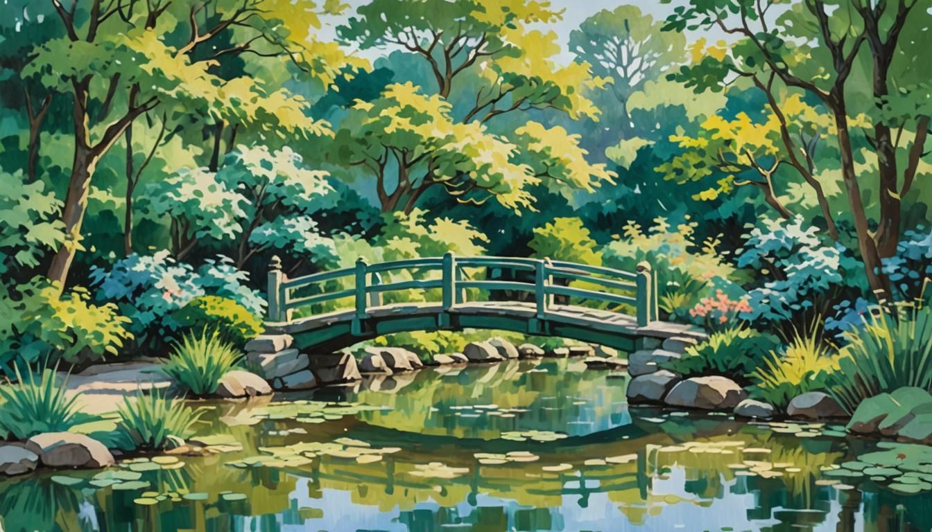 Japanese Garden with Bridge in Impressionist Gouache