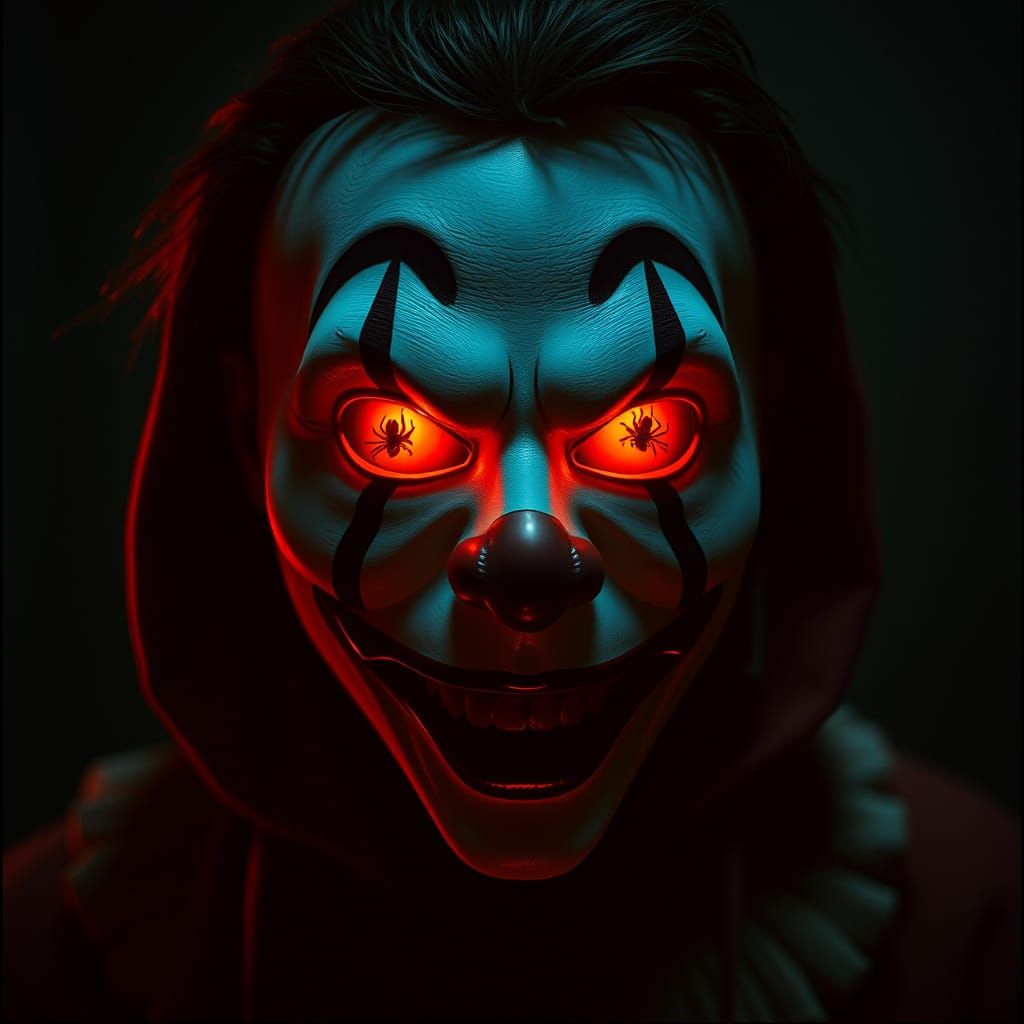 Sinister Clown with Glowing Eyes and Crawling Spiders