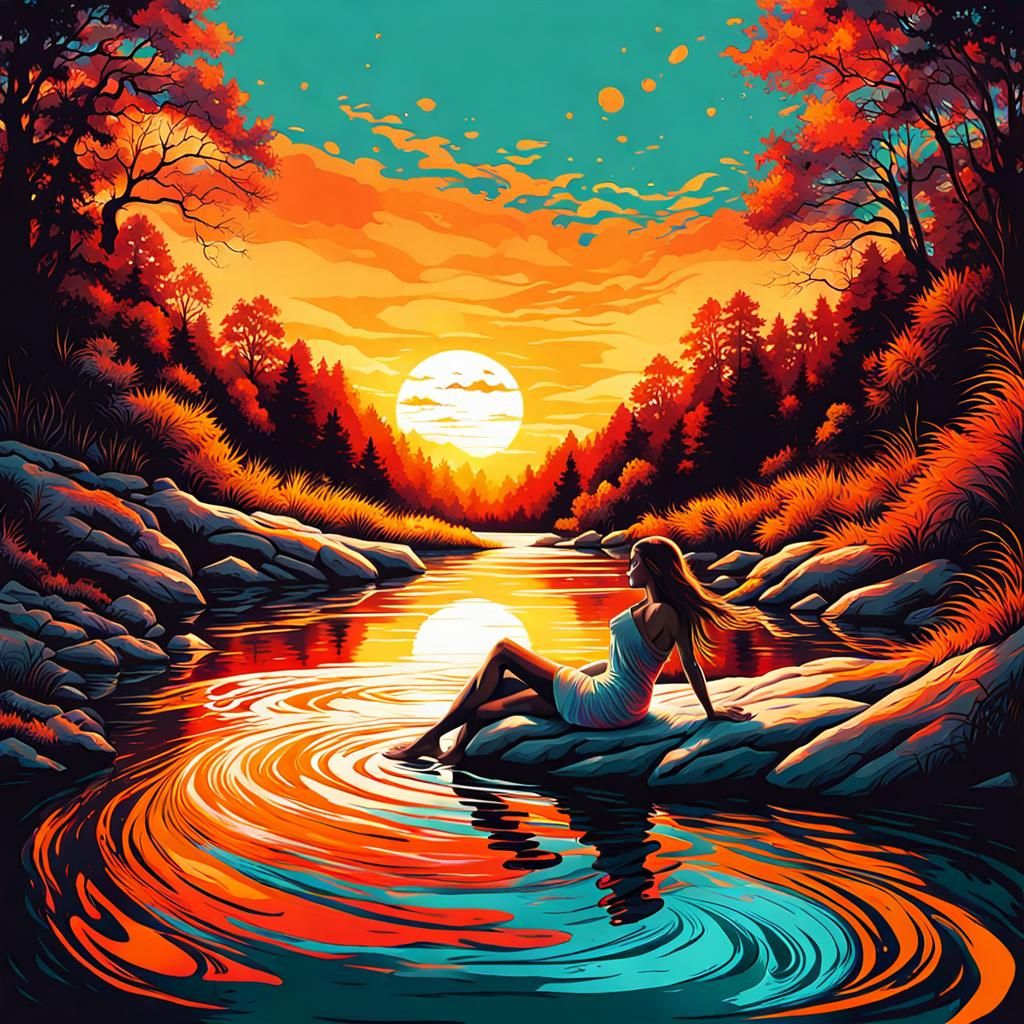 Girl Swimming in River at Sunset: Splash Art