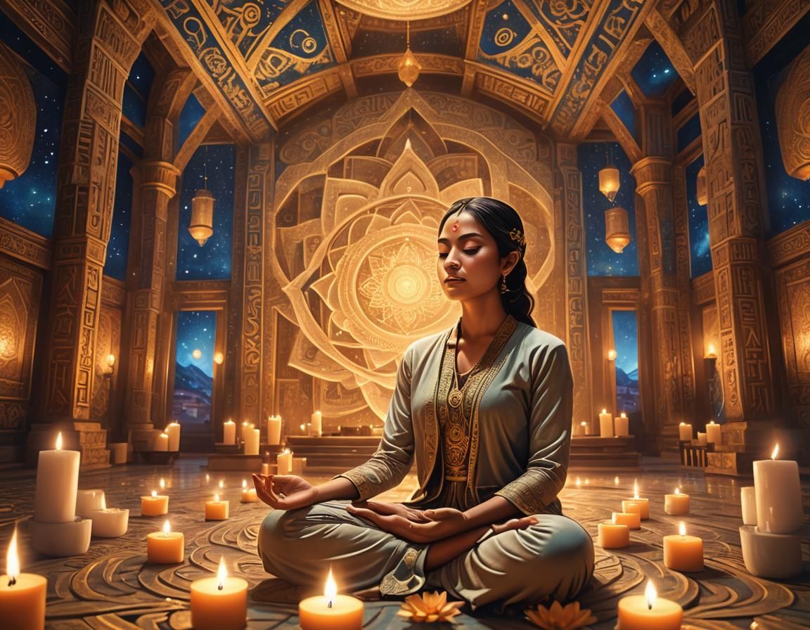Woman Meditating in Sacred Temple: Digital Art