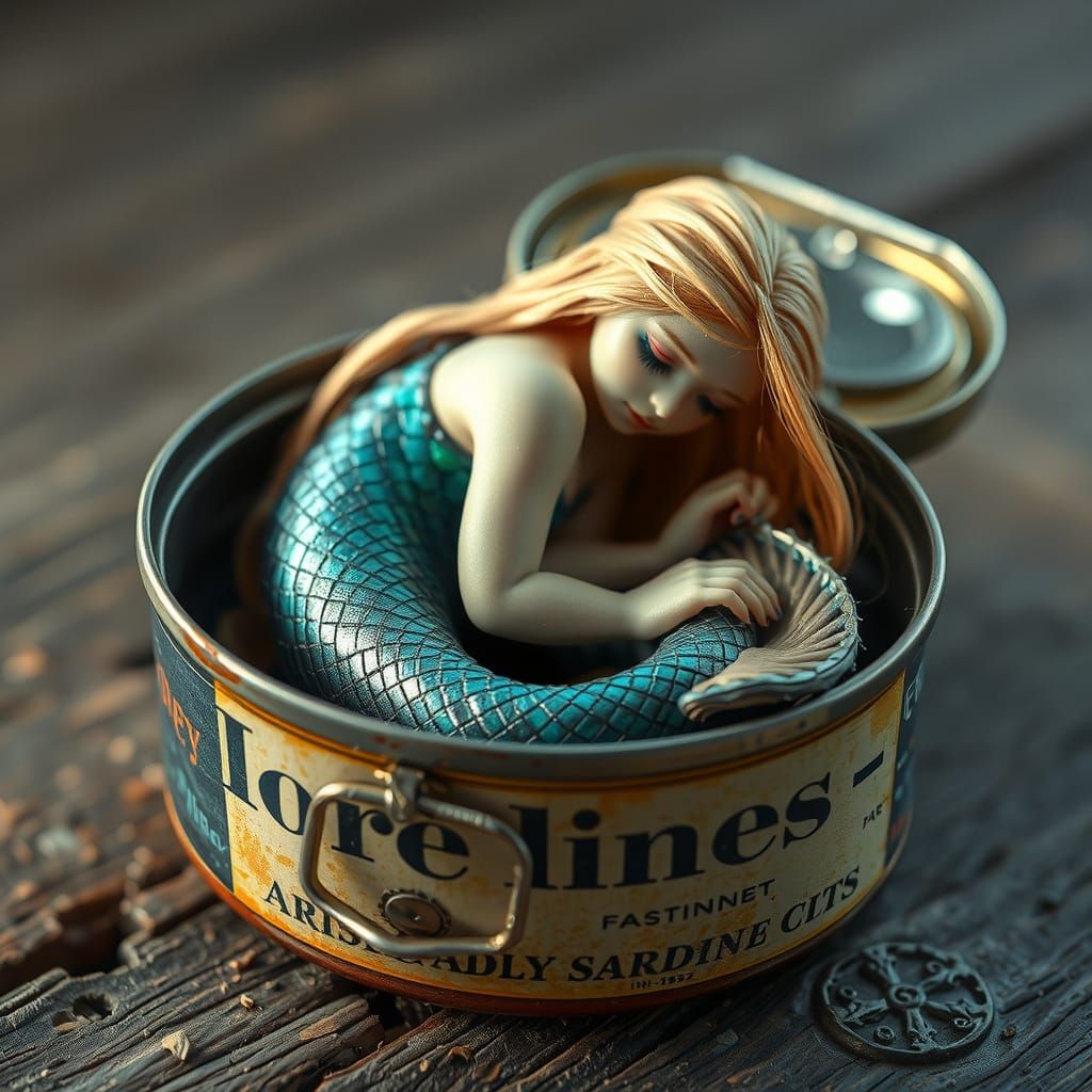 Tiny Mermaid in Rusty Sardine Can: Hyper-Realistic 8K Art