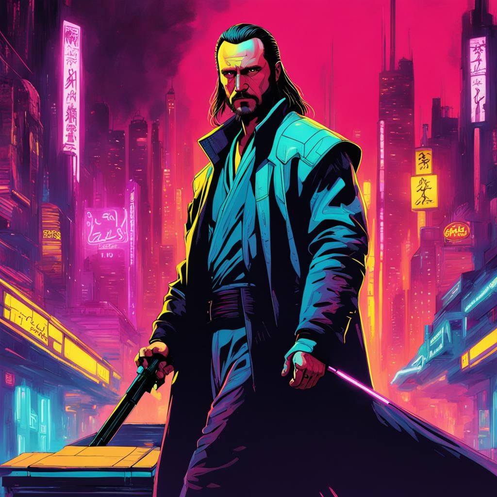 Qui-Gon Jinn in Cyberpunk 2099 Neon Cityscape