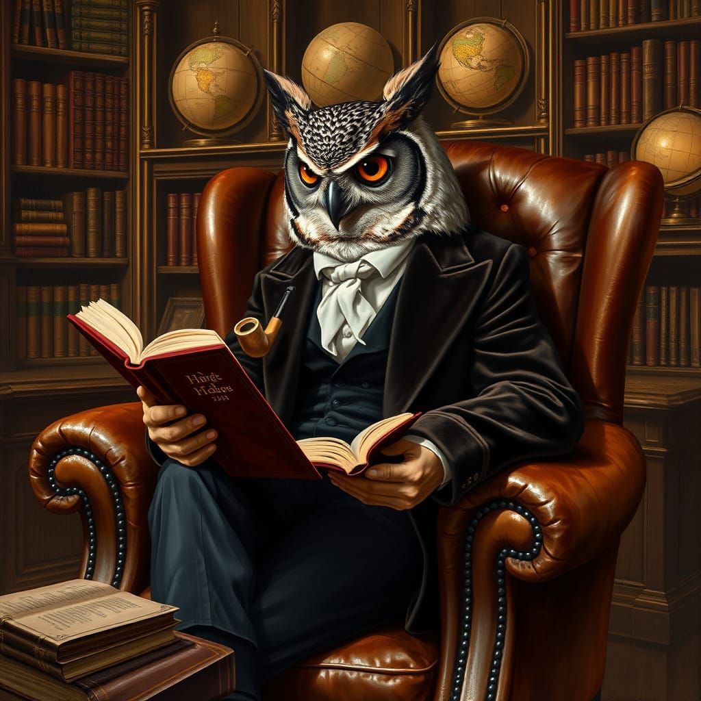 Anthropomorphic Owl Reading in Library, Rembrandt Style
