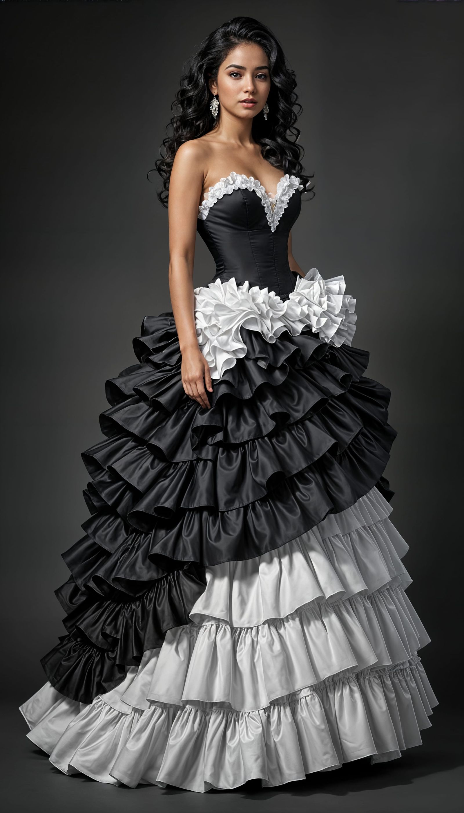 Mexican Woman in Ruffled Black and White Gown